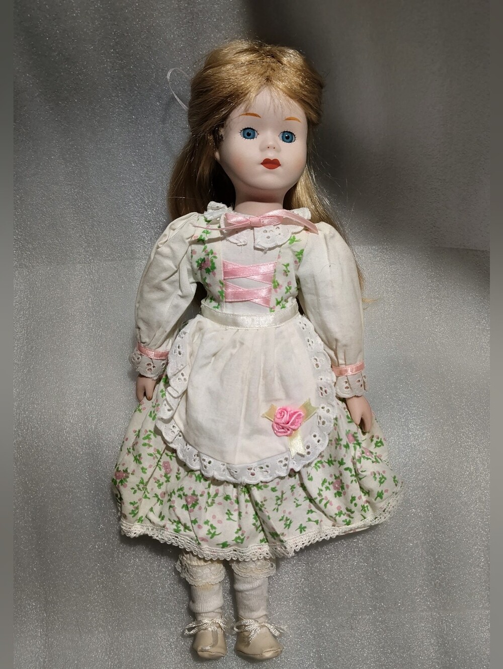 Vintage 15" Porcelain Girl Doll Blue Eyes Floral Dress Pink Roses Lace Unmarked